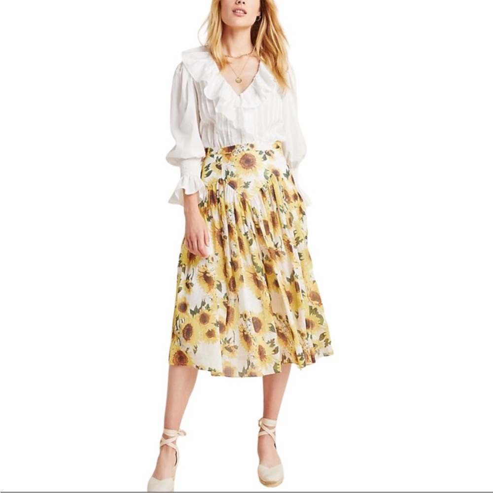 Anthropologie Yellow Sunflower Midi Skirt